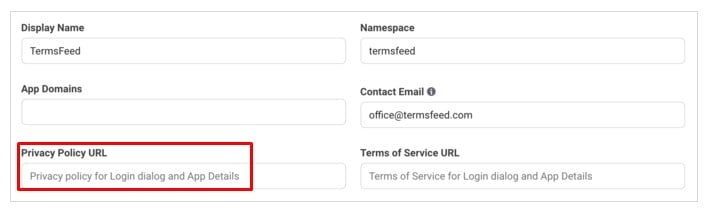 Facebook for Developers website: App settings: Privacy Policy URL field highlighted