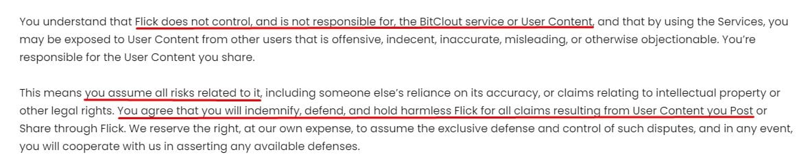 Flick Terms of Service: User Content Indemnification clause excerpt