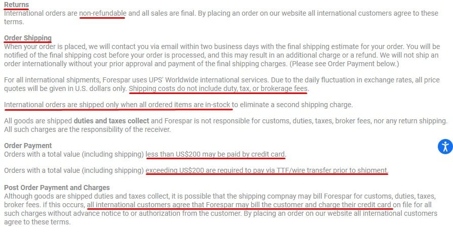 Forespar: International Shipping Policy excerpt