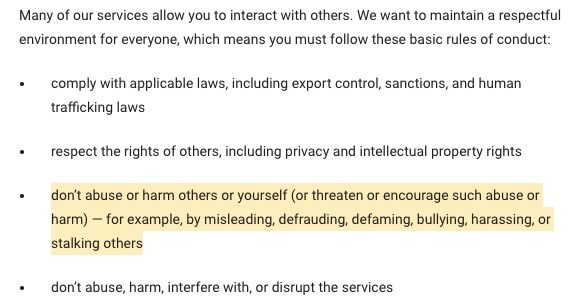 Google Terms of Service: What we expect from you clause - Respect others section