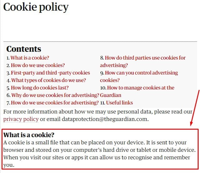 The Guardian Cookie Policy: What is a Cookie clause highlighted