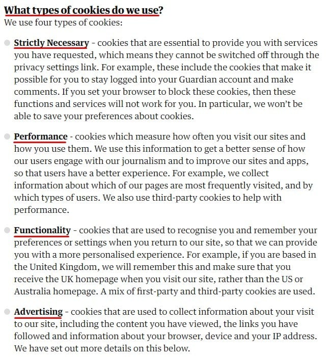 The Guardian Cookie Policy: What types of cookies do we use clause