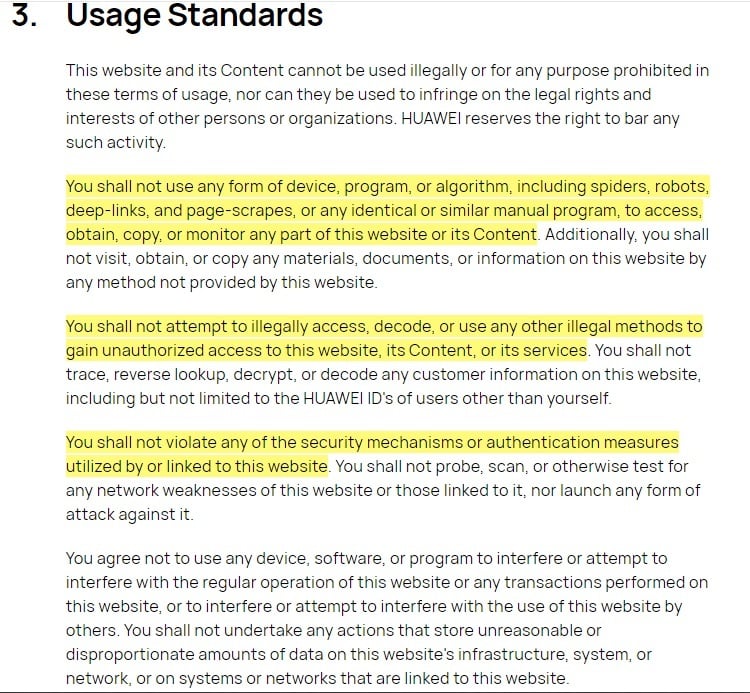 Huawei Terms of Use: Usage Standards clause