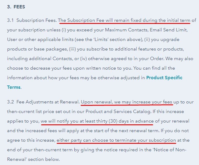 HubSpot Terms of Service: Fees clause excerpt