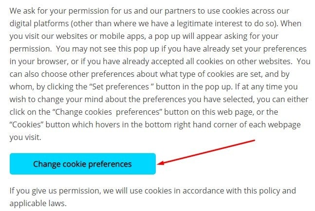 Immediate Media Cookie Policy: Change Cookie preferences link highlighted