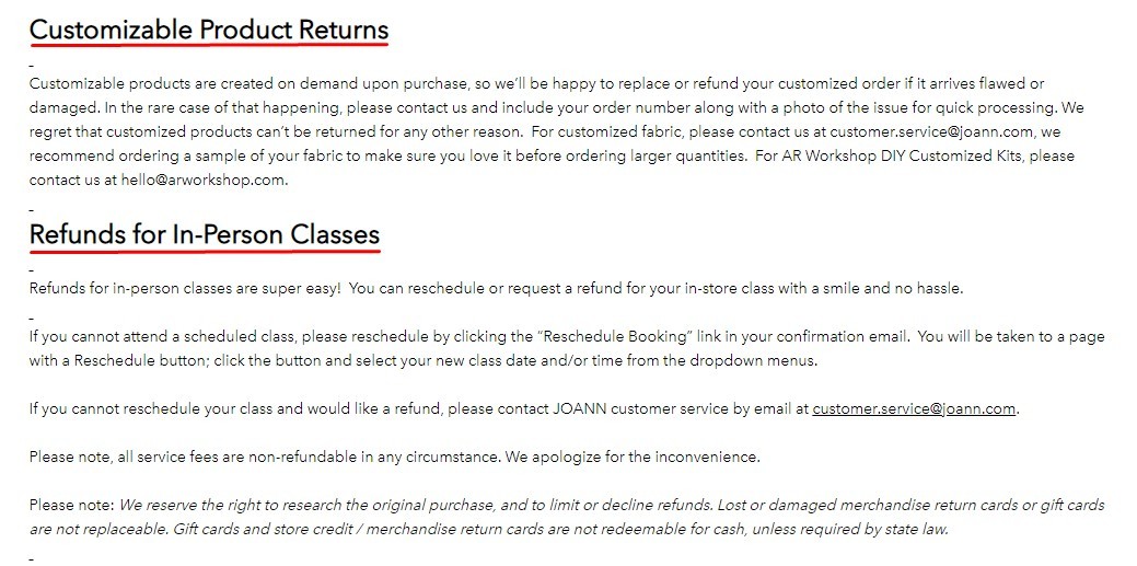 Joann Fabrics Return Policy: Customizable Products and In-Person Classes sections