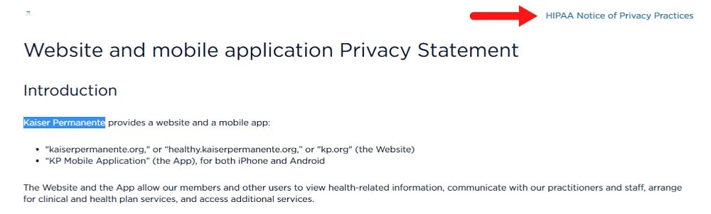 Kaiser Permanente Privacy Statement Introduction section with HIPAA Privacy notice link highlighted