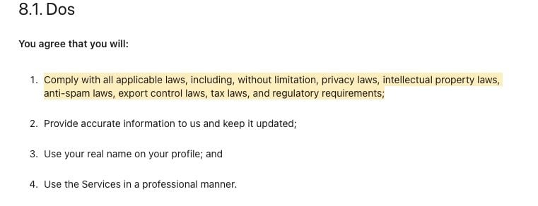 LinkedIn User Agreement: Obligations clause - Dos section