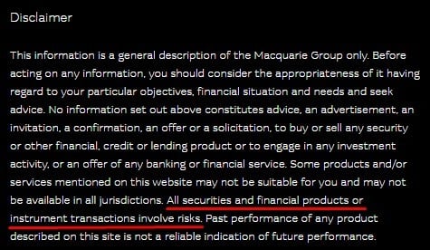 Macquarie website disclaimer with risks section highlighted