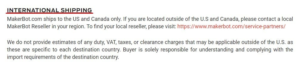 MakerBot Shipping Policy: International Shipping section