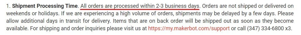 MakerBot Shipping Policy: Processing Time section