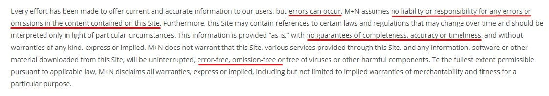 Maloney and Novotny legal disclaimer with errors and omissions info highlighted