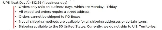 Michaels Shipping Policy: Next Day Air Restrictions section