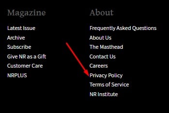 The National Review website footer with Privacy Policy link highlighted