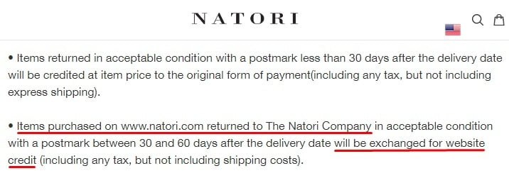 Natori Website Returns Policy: Website credit section highlighted