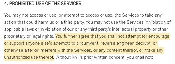 The New York Times Terms of Service: Prohibited Use of the Services clause