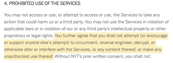 The New York Times Terms of Service: Prohibited Use of the Services clause