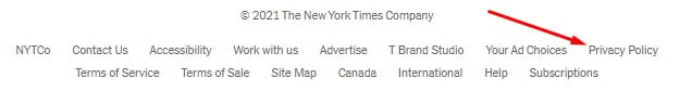 The New York Times website footer with Privacy Policy link highlighted for 2021
