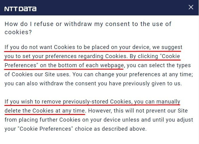 NTT Data Cookie Policy: How to refuse or withdraw consent for cookies clause