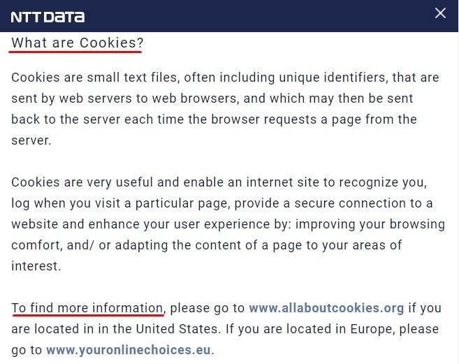 NTT Data Cookie Policy: What are Cookies clause