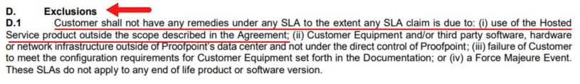 Proofpoint SLA: Exclusions section