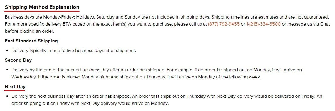 Revzilla Shipping Policy: Shipping type explanations with Next Day highlighted