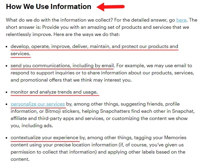 Snap Privacy Policy: How We Use Information clause excerpt