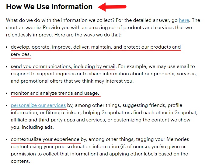 Snap Privacy Policy: How We Use Information clause excerpt