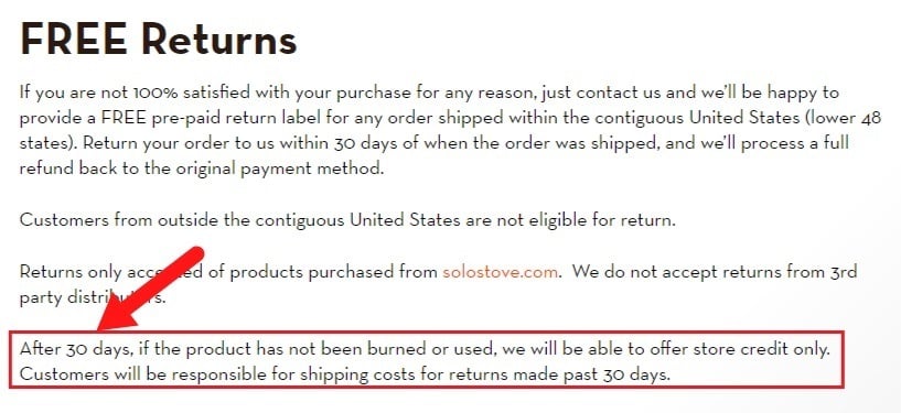 Solo Stove Shipping and Returns page: Free Returns section - 30 days for returns highlighted