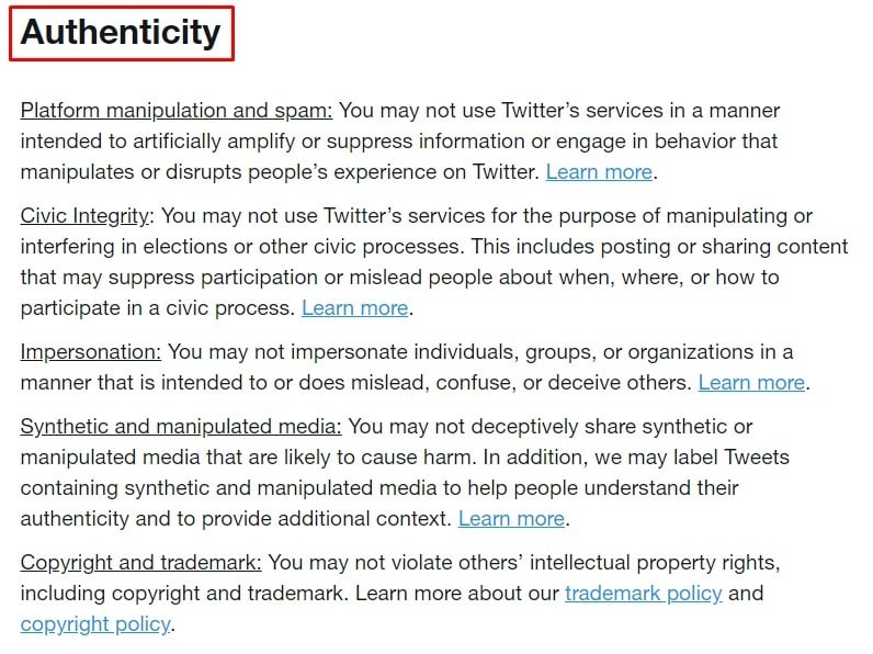 Twitter Rules: authenticity section