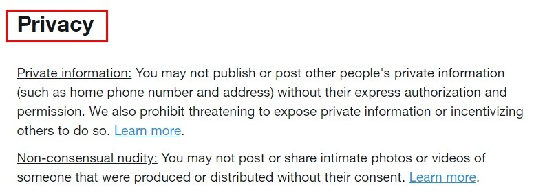 Twitter Rules: Privacy section