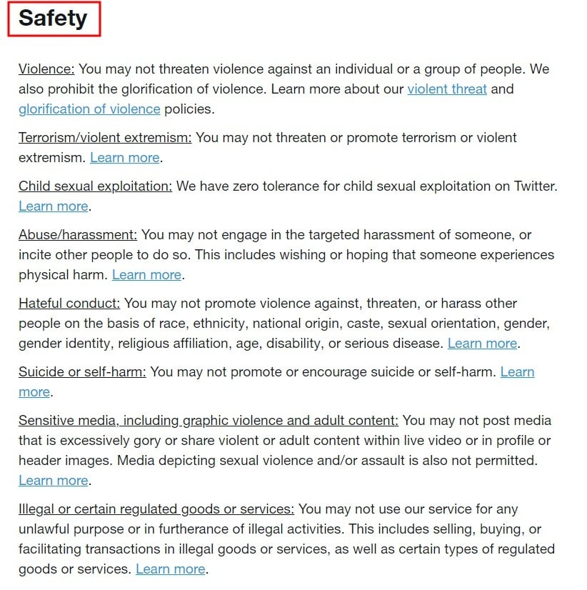 Twitter Rules: Safety section