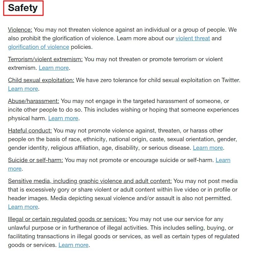 Twitter Rules: Safety section