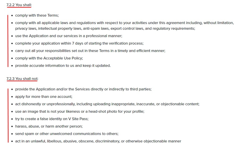 V Site Terms of Use: Rules clause excerpt