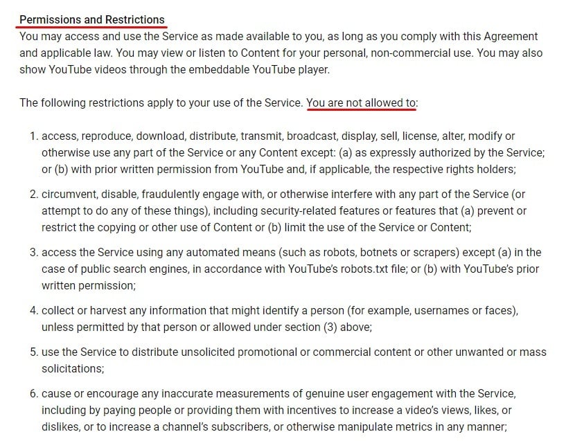 YouTube Terms of Service: Permissions and Restrictions clause excerpt