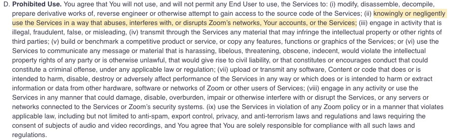 Zoom Terms of Service: Prohibited Use clause