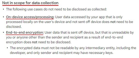 Google Play Console Help: Provide information for Google Play's Data safety section - Not in scope for data collection clause
