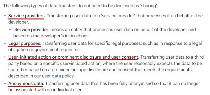 Google Play Console Help: Provide information for Google Play's Data safety section - Data Sharing - Types of transfers not needed to be disclosed as sharing clause