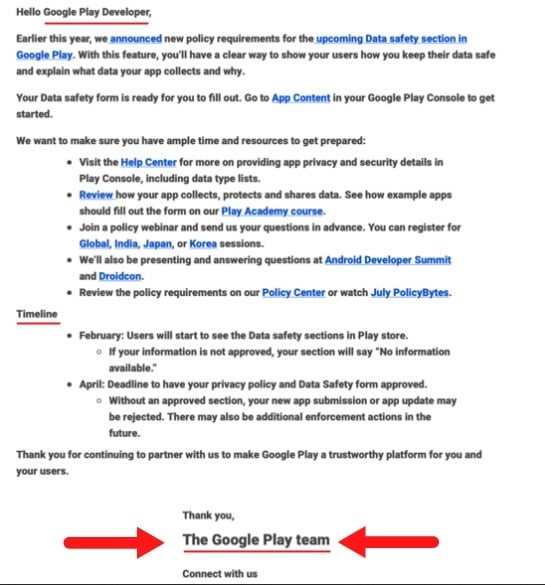 Google Play Developer email about the Data Safety section timeline
