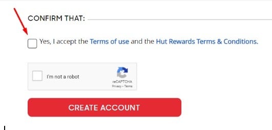 Pizza Hut Create Account form with Accept Terms checkbox highlighted