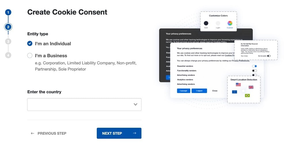 TermsFeed Privacy Consent: Add about your business type, select the country  - Step 2