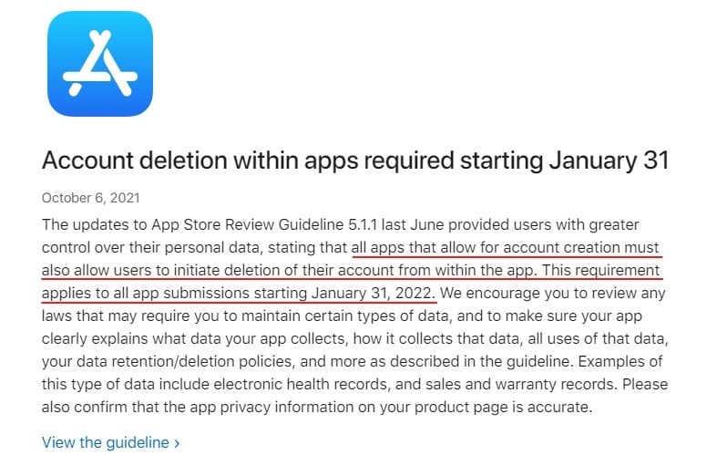 Apple Account deletion within apps required starting January 31 page - full text