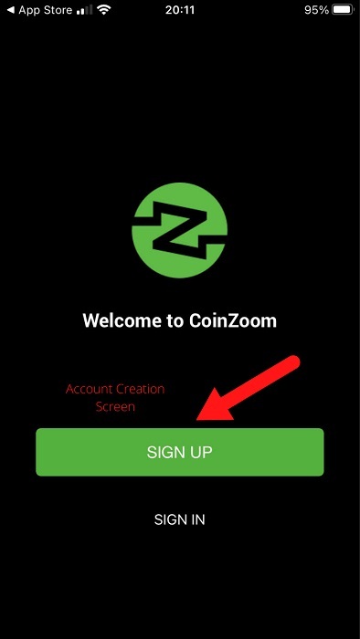 CoinZoom app Account Sign Up screen