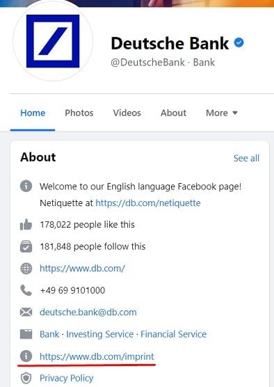 Deutsche Bank Facebook page: About section with Impressum link highlighted