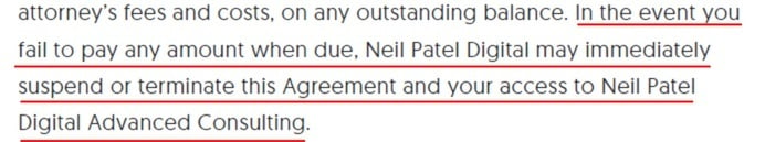 Neil Patel Terms of Service: Fail to make a payment section