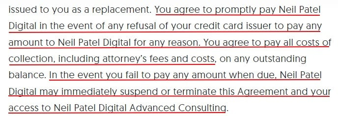 Neil Patel Terms of Service: Subscription fees clause - Card refusal or Fail to Pay - excerpt