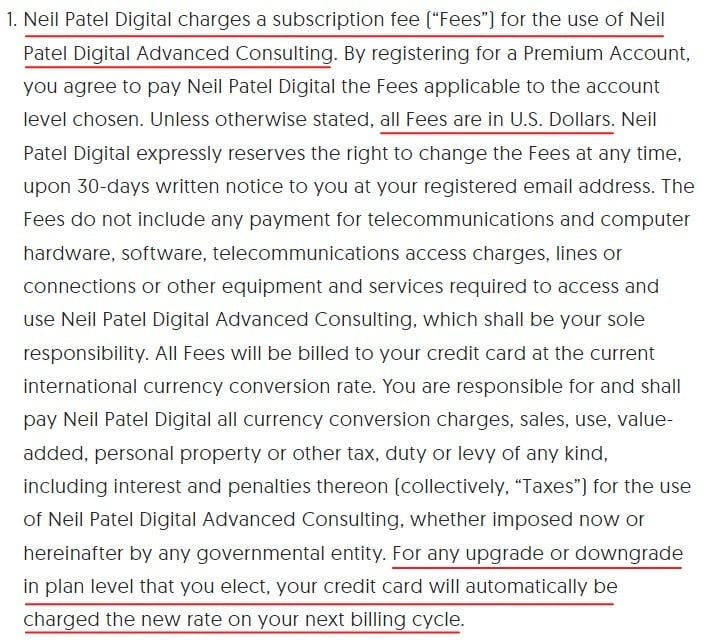 Neil Patel Terms of Service: Subscription fees clause