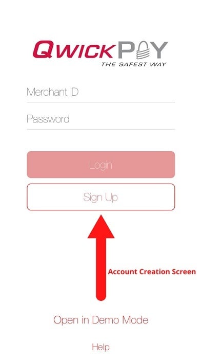 QwickPAY app Account Sign Up and Login screen