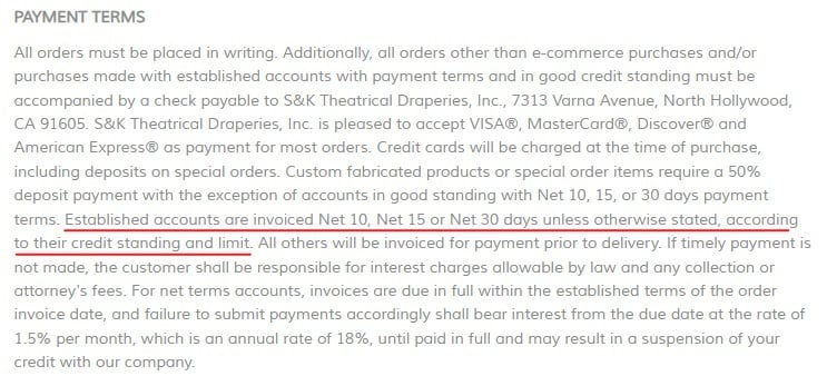 S and K Theatrical Draperies Terms and Conditions: Payment clause