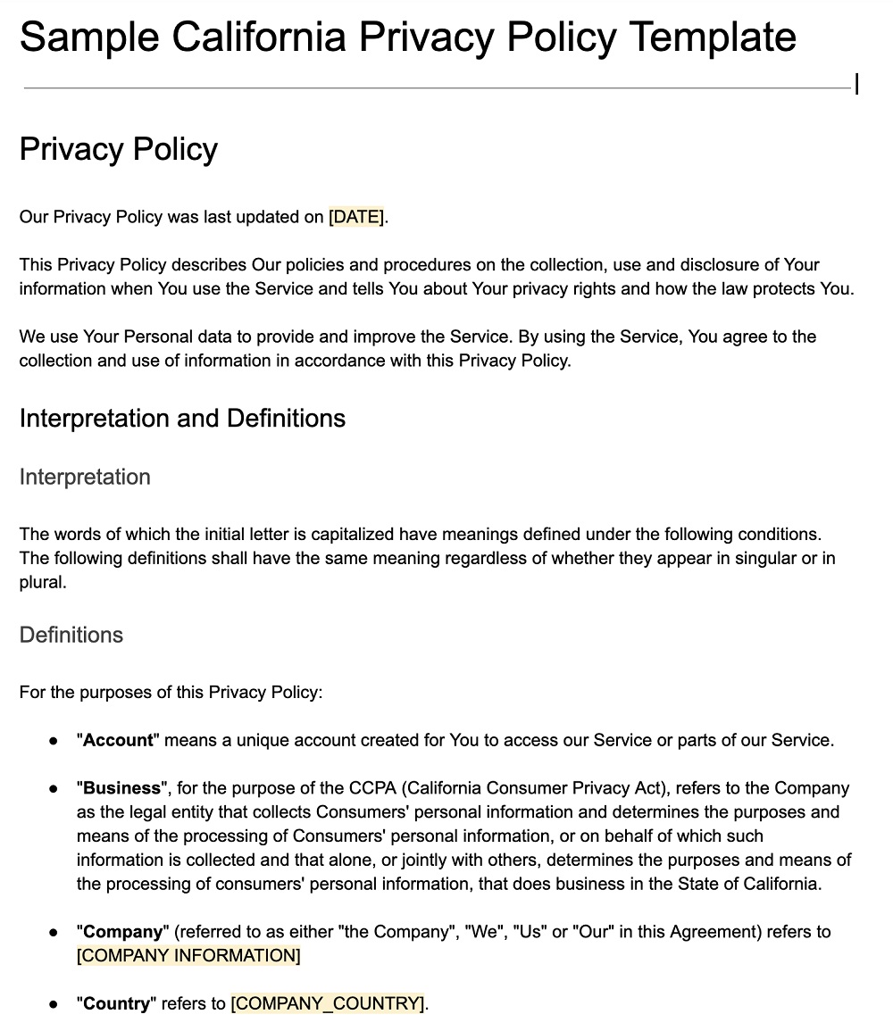 Screenshot of the Sample California Privacy Policy Template